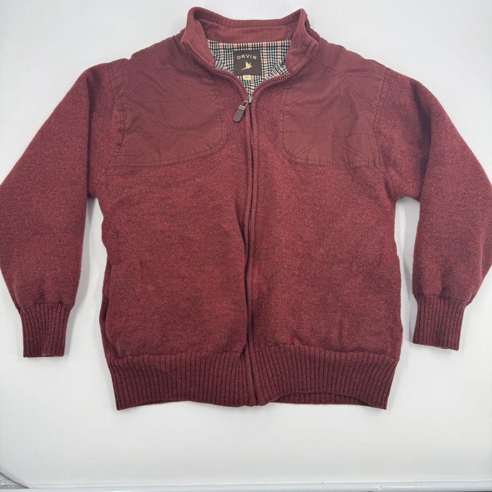 Orvis Full Zip Wool Sweater Jacket Mens Medium Burgundy Quilted Shooting Patches